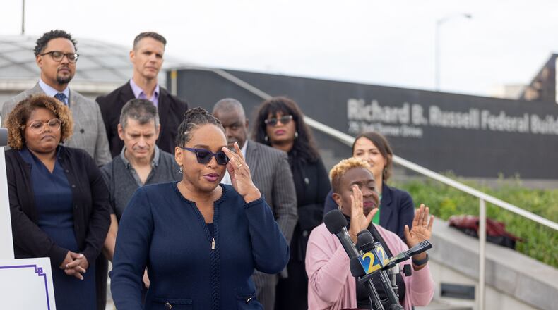 Allegra Lawrence-Hardy, an attorney for Fair Fight Action, speaks outside the Richard B. Russell Federal Building in Atlanta, GA., on Monday, April 11, 2022. Today marked the first day of the long awaited Fair Fight Action v. Raffensperger trial. (Photo/Jenn Finch)