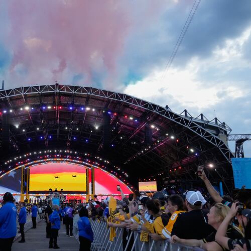 Fireworks explode over the draft stage before the first round of the NFL football draft, Thursday, April 23, 2026, in Pittsburgh. (AP Photo/Sue Ogrocki)