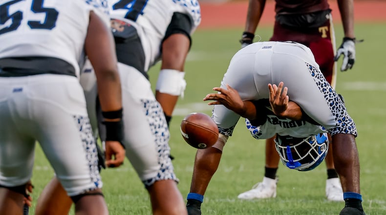 Stephenson long snapper Kaiden Gooden snaps the ball during a punt against Tucker on Friday, Sept. 4, 2026, in Clarkston. (Erik S. Lesser for the AJC)