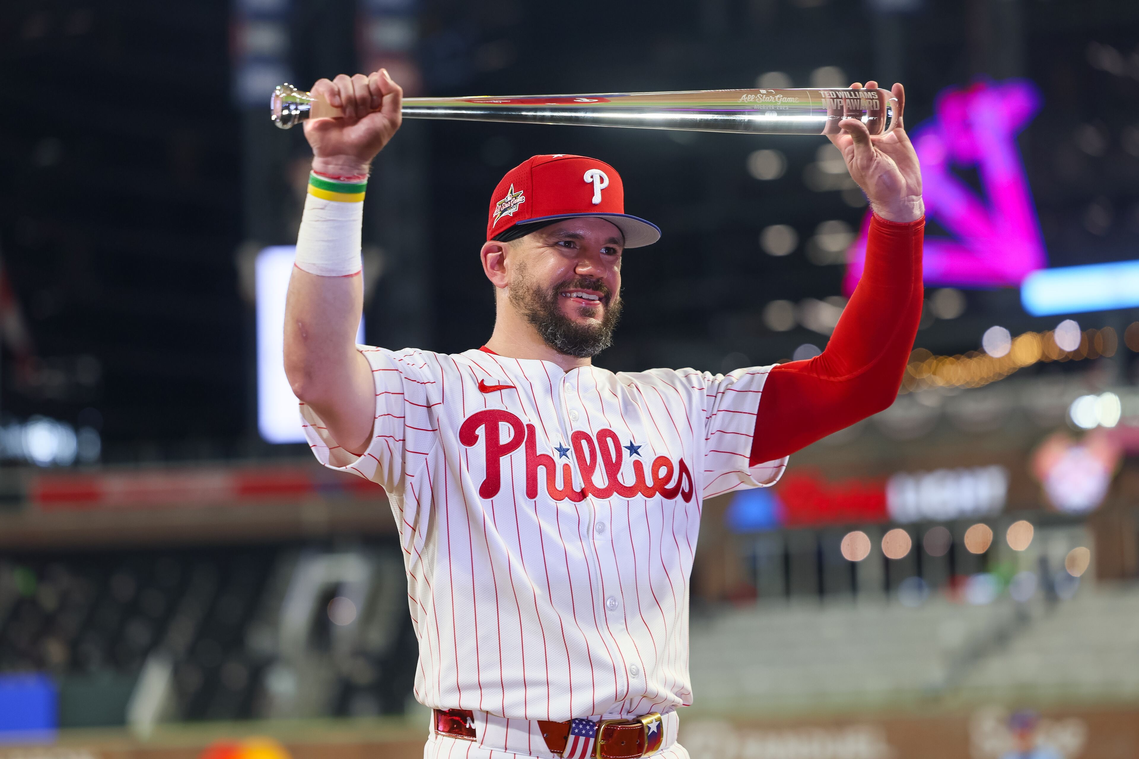 National League designated hitter Kyle Schwarber displays the MVP award after a home run to win the MLB All-Star Game against the American League at Truist Park on Tuesday, July 15, 2025, in Atlanta. (Jason Getz/AJC)