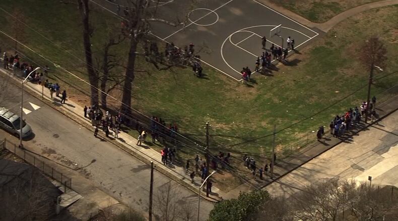 Brown Middle School was evacuated Wed., March 9, 2016, after officials found a suspicious bag during a sweep of the northwest Atlanta campus. (Credit: Channel 2 Action News)