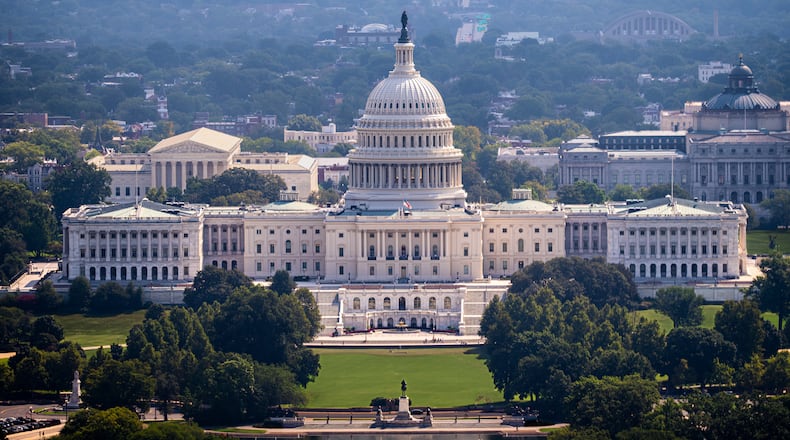 The U.S. Capitol is seen from the Washington Monument in Washington, Friday, Aug. 28, 2026. (AP Photo/J. Scott Applewhite)