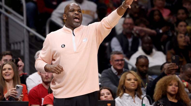 Nate McMillan was named interim coach March 1, 2021 and led the team to a 27-11 record in the final 38 games of the regular season. (Jason Getz/The Atlanta Journal-Constitution/TNS)