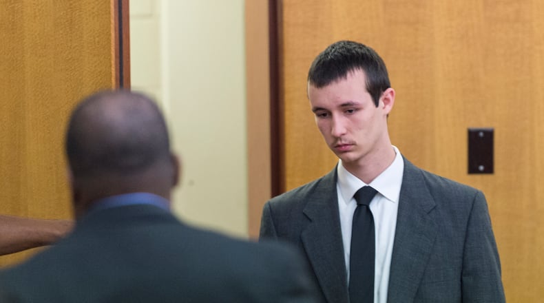 May 17, 2017, Atlanta - Jeffrey Hazelwood, right, is brought into court before a sentencing in Atlanta, Georgia, on Wednesday, May 17, 2017. Hazelwood plans to plead guilty to all charges involving the murder of Carter Davis and Natalie Henderson, (DAVID BARNES / DAVID.BARNES@AJC.COM)