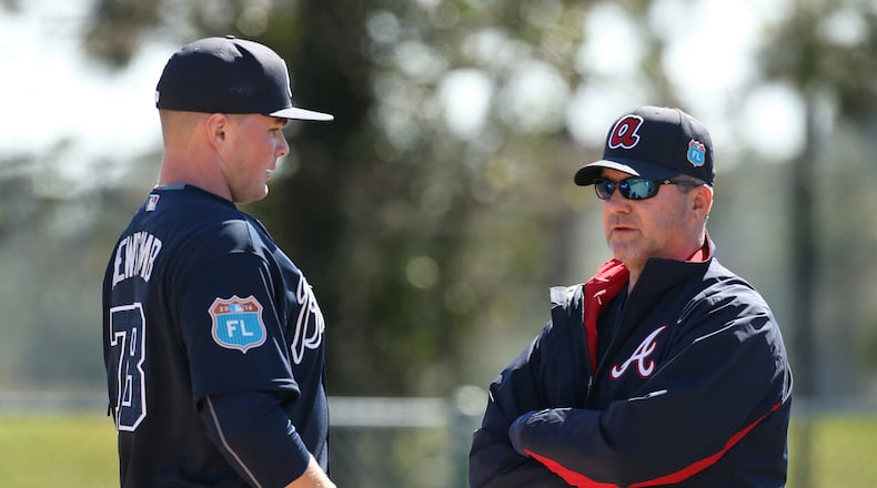 022716 LAKE BUENA VISTA: Braves pitcher Sean Newcomb confers with pitching coach Roger McDowell at spring training on Saturday, Feb 27, 2016, at the ESPN Wide World of Sports, Lake Buena Vista, FL. Curtis Compton / ccompton@ajc.com