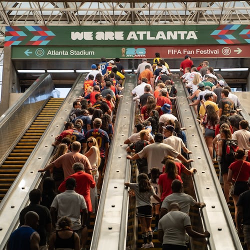 Fans exit the SEC District MARTA station to attend the first FIFA match in Atlanta on Monday, June 15, 2026. (Ben Hendren for the AJC)