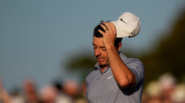 Rory McIlroy, of Northern Ireland, walks off the green after the third round of the Masters golf tournament at the Augusta National Golf Club, Saturday, April 11, 2026, in Augusta, Ga. (AP Photo/Matt Slocum)