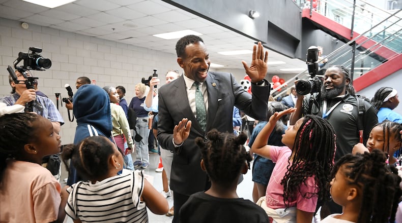 Atlanta Mayor Andre Dickens is greeted by camp participants as he tours the FIFA World Cup 2026 pep rally at the city’s youth summer camps, “One World, One Goal,” at the C.T. Martin Natatorium and Recreation Center on Tuesday, June 9, 2026, in Atlanta. (Hyosub Shin/AJC)