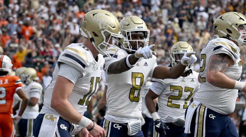 Georgia Tech wide receiver Malik Rutherford (8) celebrates after scoring a touchdown during the first half of an NCAA college football game at Georgia Tech's Bobby Dodd Stadium, Saturday, November 9, 2024, in Atlanta. (Hyosub Shin / AJC)