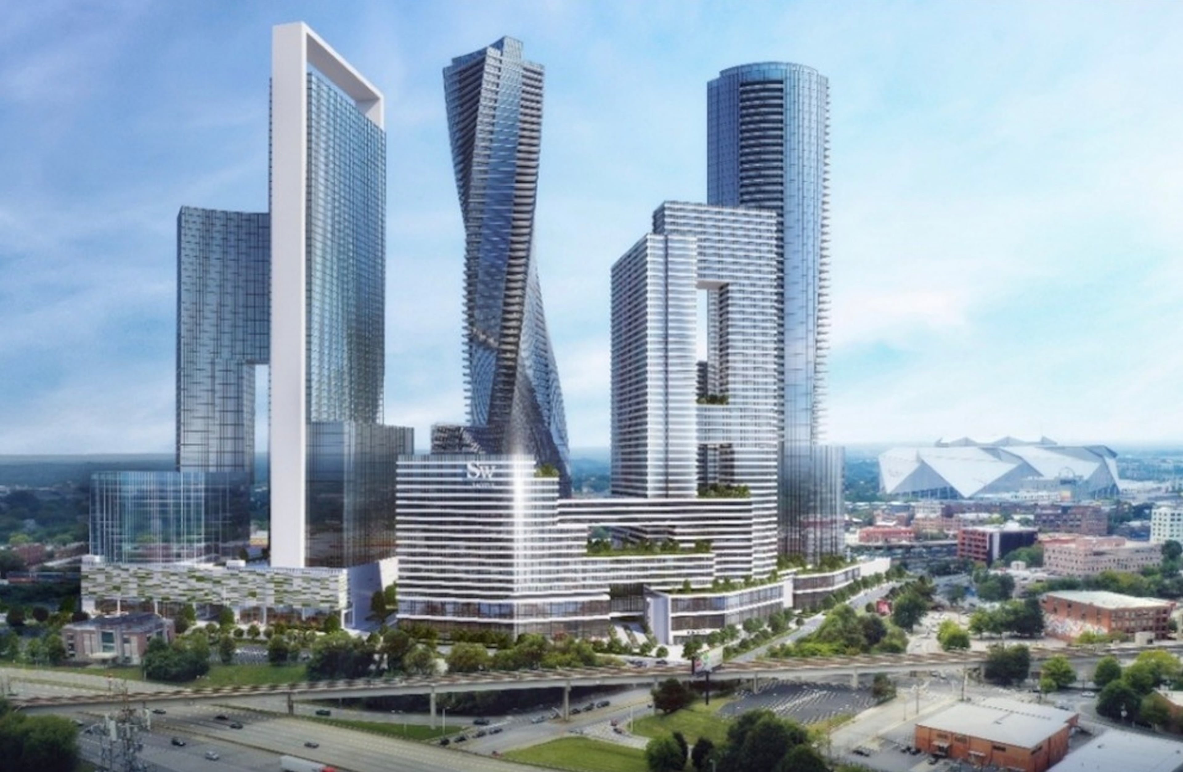 The proposed Forge Atlanta project, shown in this rendering, would transform 10 acres between downtown Atlanta and Castleberry Hill into a $756 million district of luxury condos, a hotel, offices, shops and green space. (Courtesy of Forge Atlanta Asset Management)