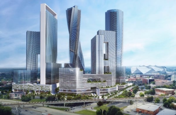 The proposed Forge Atlanta project, shown in this rendering, would transform 10 acres between downtown Atlanta and Castleberry Hill into a $756 million district of luxury condos, a hotel, offices, shops and green space. (Courtesy of Forge Atlanta Asset Management)