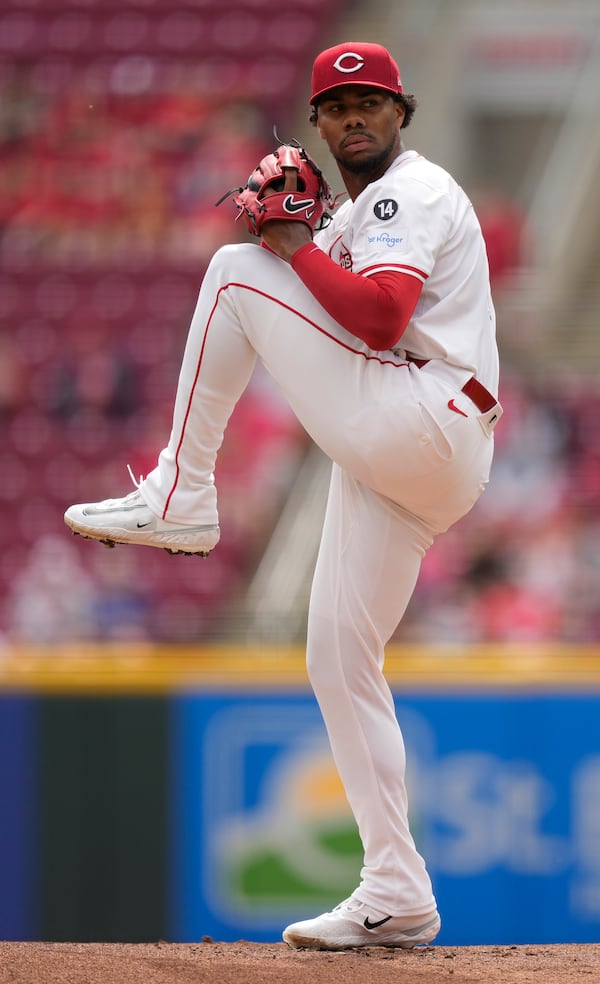 Cincinnati Reds pitcher Hunter Greene throws in the first inning of a baseball game against the Texas Rangers, Wednesday, April 2, 2025, in Cincinnati. (AP Photo/Carolyn Kaster)