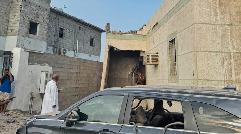 This photo provided by the Saudi Press Agency shows damage to a building after a projectile fell in Al-Tawwal, Jazan, Saudi Arabia, on the southern border with Yemen, Saturday, Sept. 12, 2026. (Saudi Press Agency via AP)