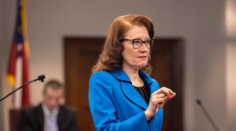 Prosecutor Linda Dunikoski speaks during the trial for Ahmaud Arbery's shooting death at the Glynn County Courthouse on Nov. 9, 2021, in Brunswick, Georgia. (Stephen B. Morton/Pool/Getty Images/TNS)