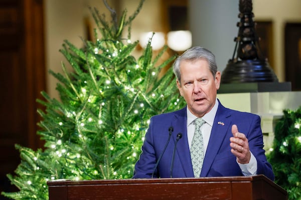 Gov. Brian Kemp addresses state leaders and special guests during the Christmas Tree Lighting ceremony at the Georgia State Capitol on Monday, Dec. 8, 2025.
(Miguel Martinez/AJC)