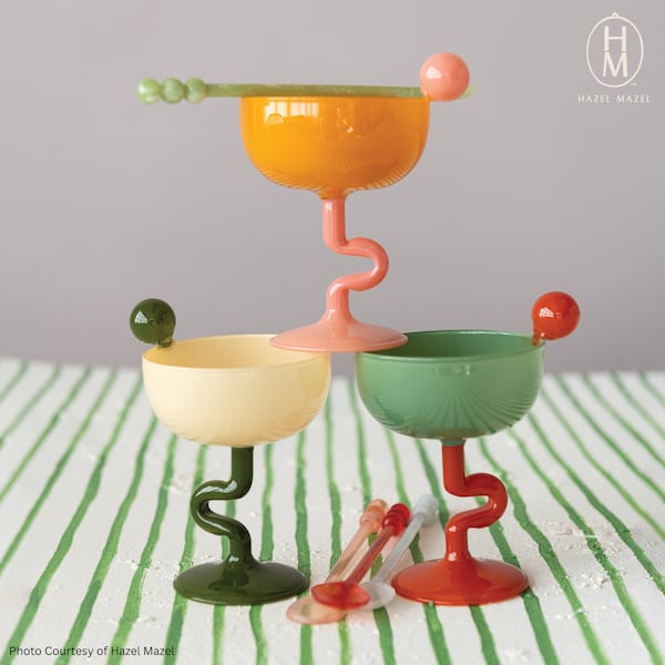 Hazel Mazel’s playful glassware pops in citrusy shades and wavy shapes meant to brighten any space. “Color changes energy,” says Ruth Singh, a manager with the brand. “It boosts mood and sparks creativity.” (Courtesy of Hazel Mazel)
