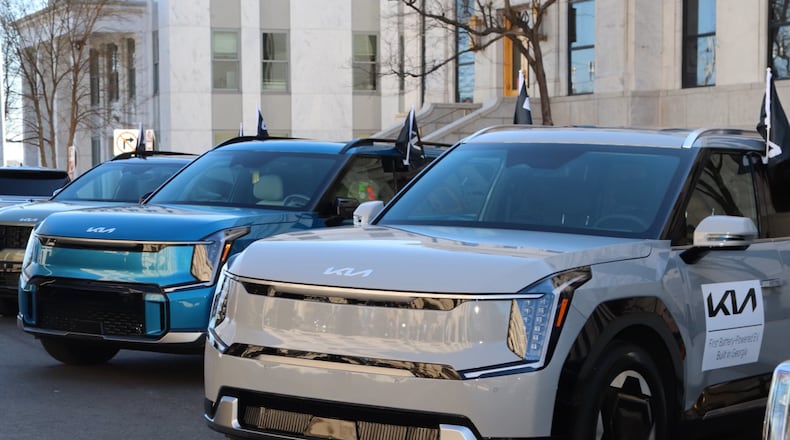 These are the first Kia EV9s to be built in Georgia at the company's West Point factory. They were parked outside the state Capitol on Tuesday, Feb. 13, 2024.