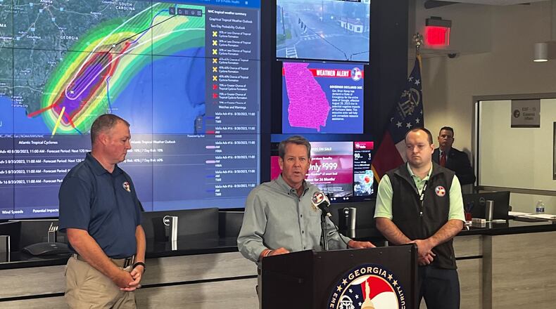Gov. Brian Kemp said Georgia authorities are preparing for flash flooding, downed trees and heavy rainfall as Hurricane Idalia carves a menacing path from Florida’s Gulf Coast to South Georgia. He was speaking from the state operations center. (Greg Bluestein / greg.bluestein@ajc.com)