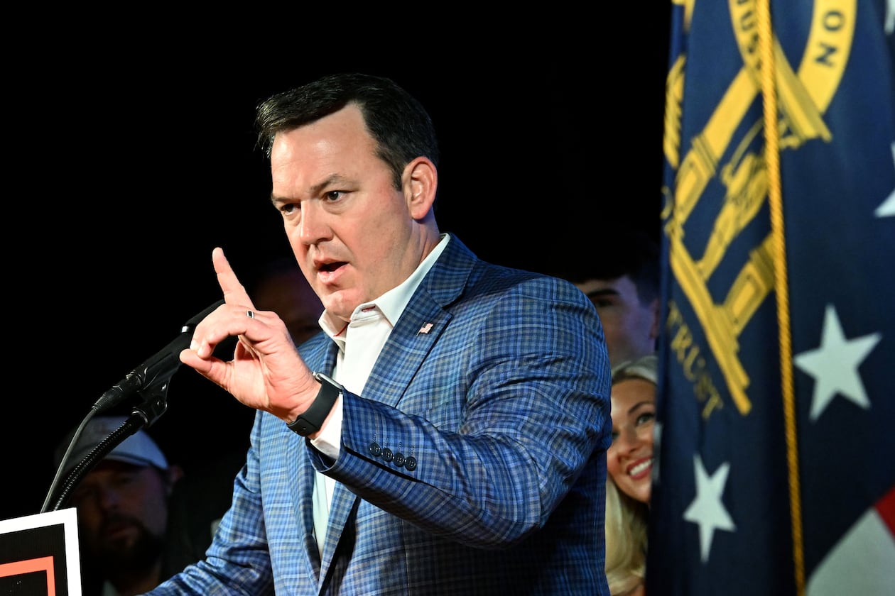 Lt. Gov. Burt Jones, Republican gubernatorial candidate, addresses supporters at his election night party on May 19 in Jackson. (Hyosub Shin/AJC)