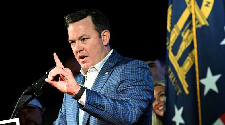Lt. Gov. Burt Jones, Republican gubernatorial candidate, addresses supporters at his election night party on May 19 in Jackson. (Hyosub Shin/AJC)