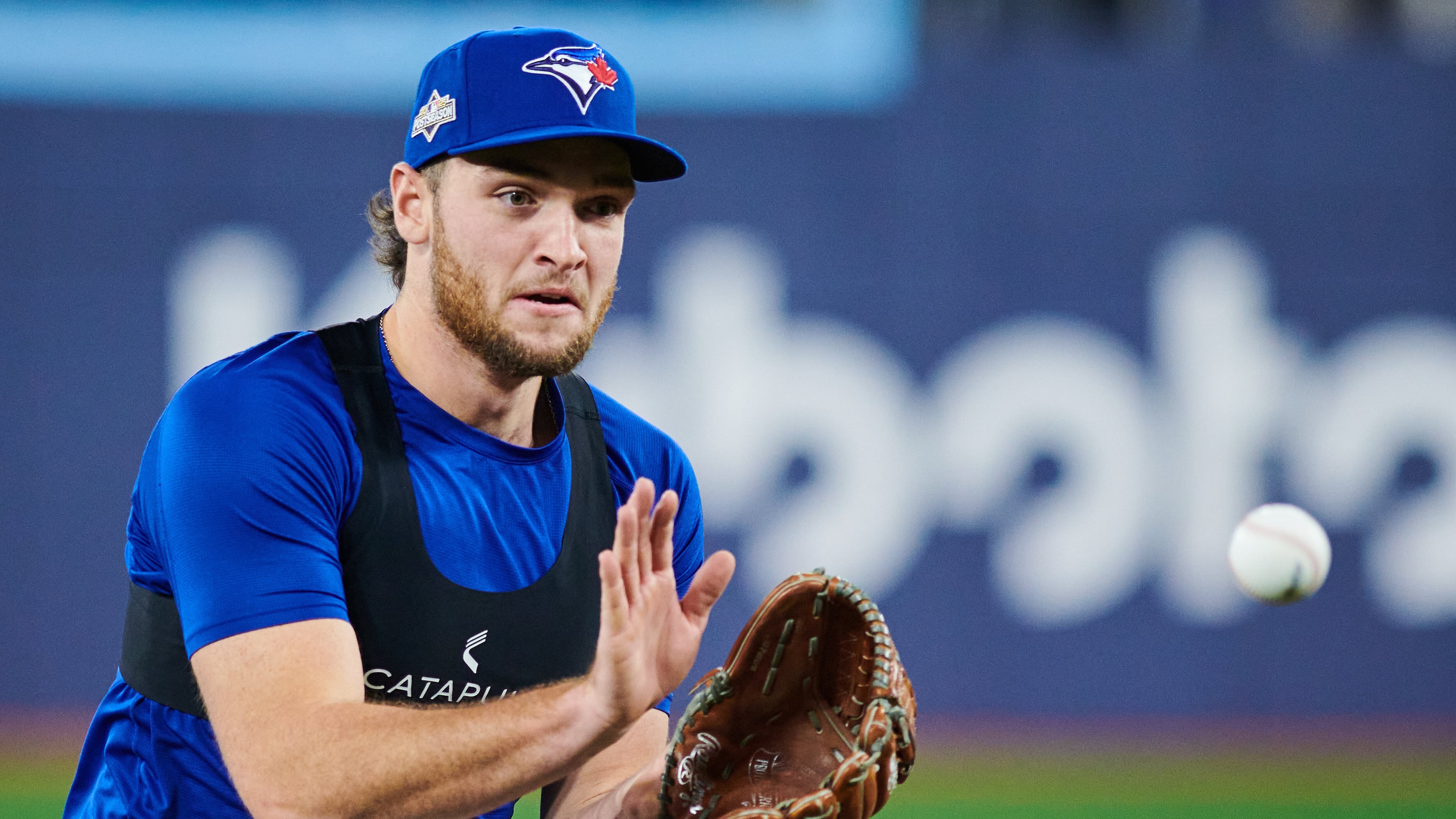 Toronto Blue Jays pitcher Trey Yesavage practices with his team ahead of Game 1 of baseball's American League Championship Series against the Seattle Mariners in Toronto, Saturday, Oct. 11, 2025. (Sammy Kogan/The Canadian Press via AP)