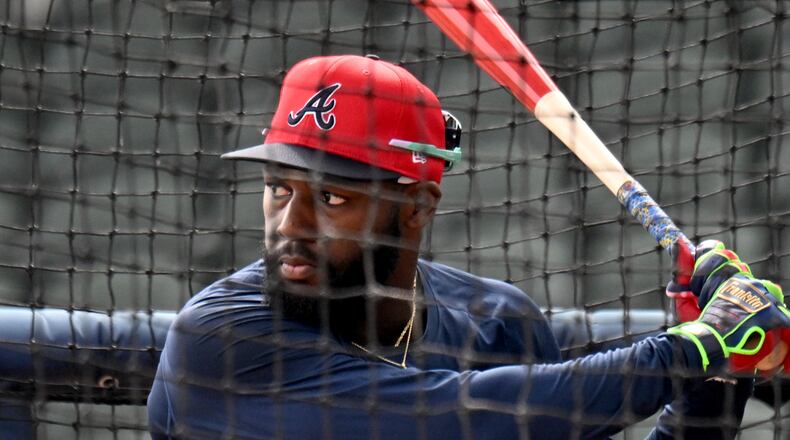 Atlanta Braves center fielder Michael Harris II takes batting practice during spring training workouts at CoolToday Park, Friday, February, 16, 2024, in North Port, Florida. (Hyosub Shin / Hyosub.Shin@ajc.com)