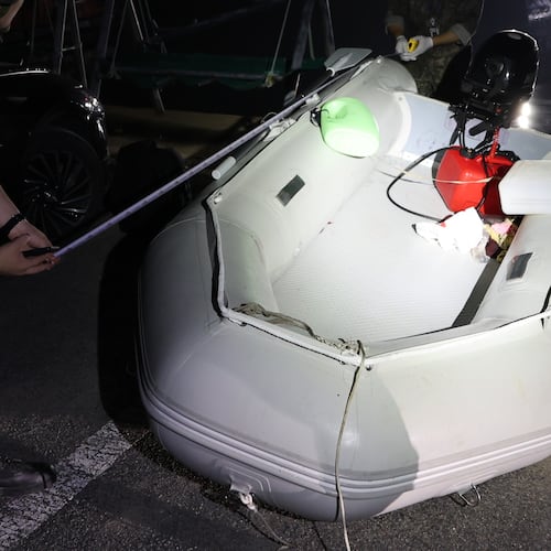 This photo provided by The Taean Maritime Police, shows the rubber boat that a Chinese national had boarded when he was detained in the waters off South Korea's west coast, at a port in Taean, South Korea, Tuesday, May 26, 2026. (The Taean Maritime Police/ via AP)