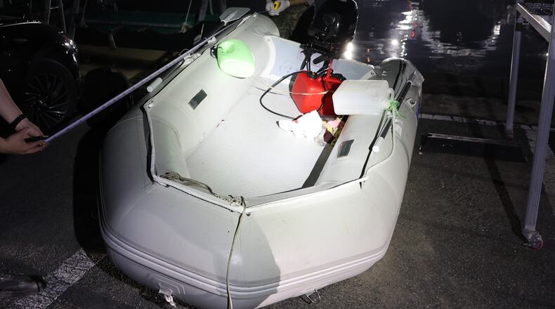 This photo provided by The Taean Maritime Police, shows the rubber boat that a Chinese national had boarded when he was detained in the waters off South Korea's west coast, at a port in Taean, South Korea, Tuesday, May 26, 2026. (The Taean Maritime Police/ via AP)