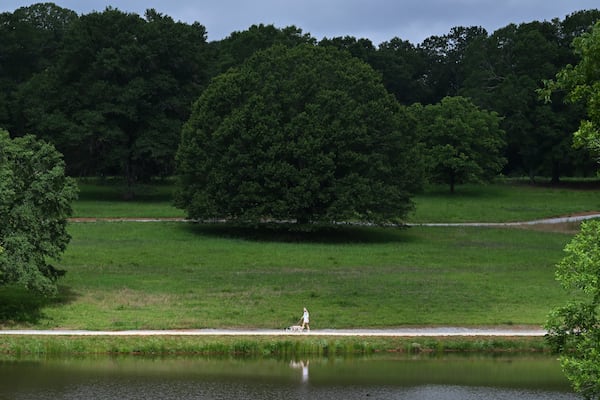 A visitor walks with their dog along some of the miles of paths at the Thomas Farm Preserve on Wednesday, June 18, 2025, in Watkinsville. (Hyosub Shin/AJC)