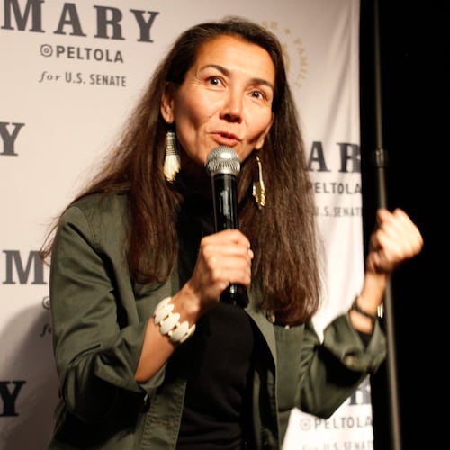 Mary Peltola, a Democrat running for the U.S. Senate seat in Alaska, addresses supporters at an election watch party Tuesday, Aug. 18, 2026, in Anchorage, Alaska. (AP Photo/Mark Thiessen)