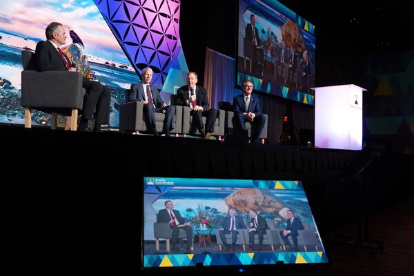 EPA Administrator Lee Zeldin, second from right, speaks during the annual Alaska Sustainable Energy Conference on Tuesday, June 3, 2025, in Deadhorse, Alaska. From left, Alaska Gov. Mike Dunleavy, Energy Secretary Chris Wright, Zeldin and Interior Secretary Doug Burgum. (AP Photo/Jenny Kane)