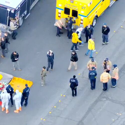This image made from video provided by the Las Vegas Metropolitan Police Department shows law enforcement conducting a search at a house in Las Vegas, Saturday, Jan. 31, 2026, in Las Vegas. (LVMPD via AP)