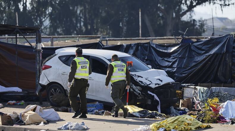Police inspect a car after it struck a crowd at an open-air market in Vina del Mar, Chile, Sunday, July 12, 2026. (Sebastian Cisterna/ATON via AP)
