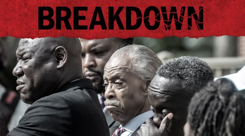 Ahmaud Arbery's father, Marcus Arbery, right, wipes his eyes alongside the Rev. Al Sharpton center, as Ben Crump, left, one the family's lawyers, speaks outside the Glynn County courthouse. Sharpton's presence at the trial drew complaints from Kevin Gough, the lawyer for William "Roddie" Bryan. The 16th episode of the AJC's "Breakdown" podcast examines deveopments in the trial's first full week. (Terry Dickson / AP)