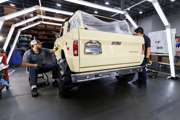 Vintage Modern offers a variety of color customization options for its vehicles. Nearly every vehicle on the floor of the company's headquarters was a different color as seen June 26, 2026. (Estela Muñoz/AJC)