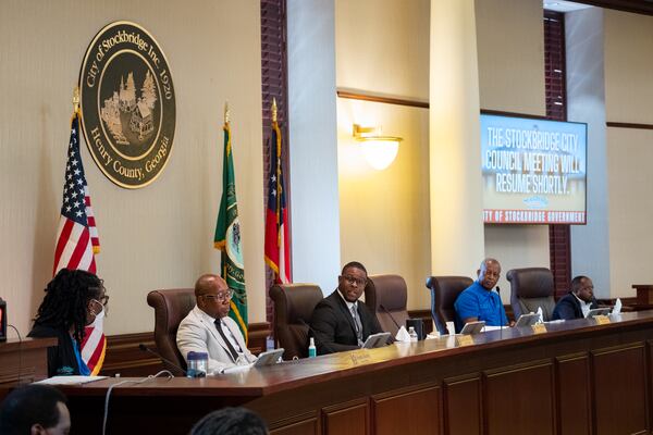 The Stockbridge City Council and Mayor Jayden Williams, center, attend a council work session in Stockbridge on Tuesday, July 28, 2026. (Ben Gray for the AJC)