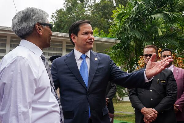 U.S. Secretary of State Marco Rubio gestures as he visits Georgetown, Guyana, Thursday, March 27, 2025. (Nathan Howard/Pool photo via AP)