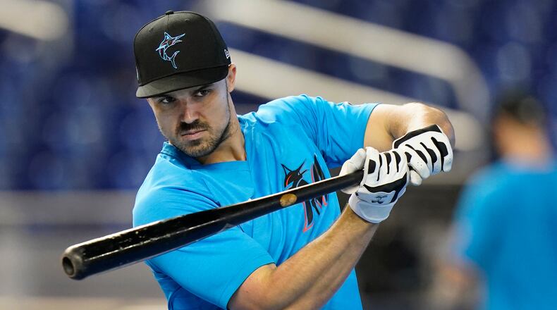 Miami Marlins' Adam Duvall warms up before the start of a game against the Colorado Rockies, Wednesday, June 9, 2021, in Miami. (Wilfredo Lee/AP)