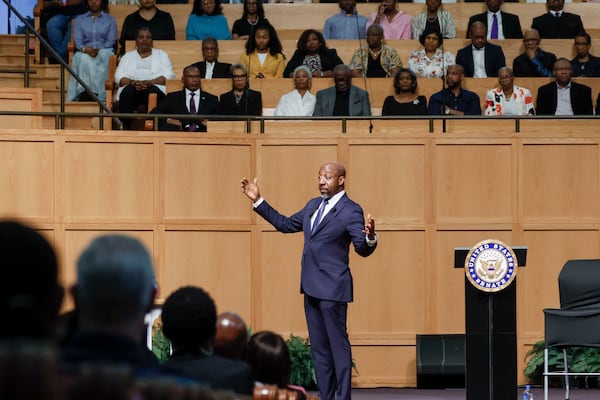 U.S. Sen. Raphael Warnock, D-Ga., speaks during a town hall meeting at Zion Hill Baptist Church on Sunday, May 4, 2025. Republican voters have expressed frustrations at town hall meetings across the country, while Democrats are facing passionate crowds who believe their representatives have not done enough to challenge the Trump administration. (Miguel Martinez/ AJC)
