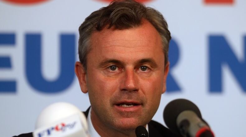 Norbert Hofer candidate for Austria's Presidency informs the press in Vienna, Austria, Tuesday, May 24, 2016. (AP Photo/Ronald Zak)