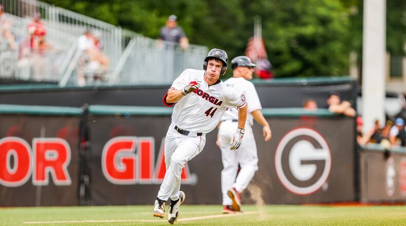 Georgia outfielder Ben Anderson rounds third base and heads for home during an 11-10 victory over Missouri on Saturday at Foley Field. (Photo by Tony Walsh/UGA Athletics)