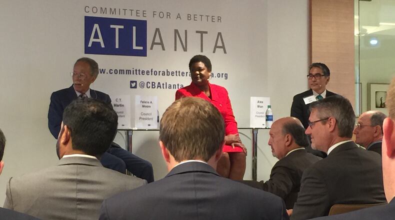 (From left) Atlanta city council president candidates C.T. Martin, Felicia Moore and Alex Wan at last week’s Committee for a Better Atlanta forum.