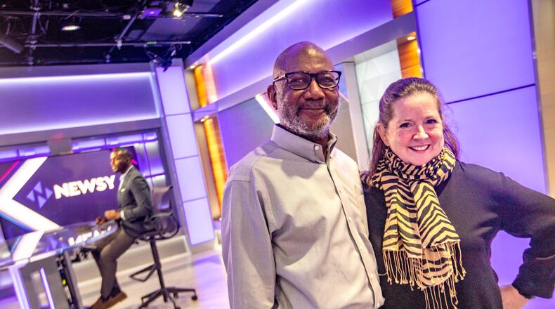Newsy expands its network, adding new production facilities, control rooms and locations for studio filming with new news anchors and offices in Buckhead on Thursday, Sept 30, 2021.  Eric Ludgood, is the recently-named head of Newsy, left, and Kate O’Brian, right, is head of The News Group for the Scripps Networks, leading both Newsy and Court TV.  (Jenni Girtman for The Atlanta Journal-Constition)