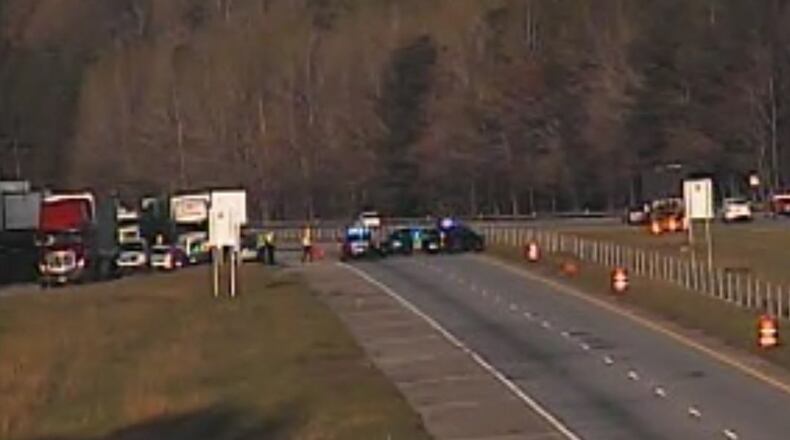 I-20 was shut down Friday by a crash involving three trucks in Carroll County. (Credit: WSB 24-hour Traffic Center)