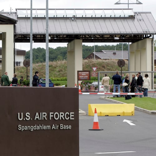 FILE - The main entrance of US airbase in Spangdahlem, western Germany, is seen on Sept. 11, 2007. (AP Photo/Roberto Pfeil, File)