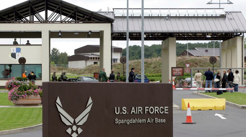 FILE - The main entrance of US airbase in Spangdahlem, western Germany, is seen on Sept. 11, 2007. (AP Photo/Roberto Pfeil, File)