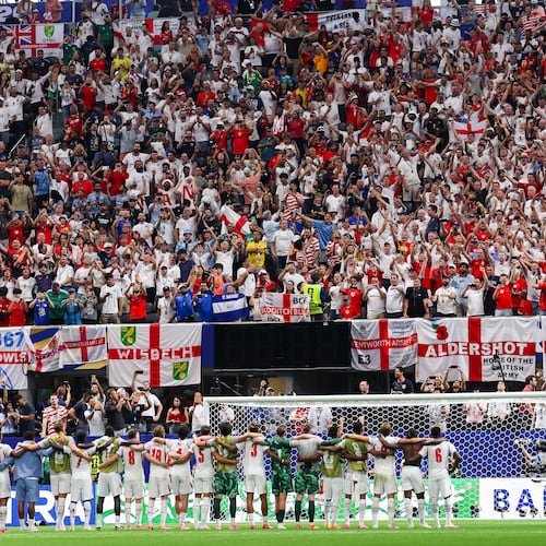 Fans stand and cheer for England after the team defeated Congo 2-1 during a World Cup match in the round of 32 at Atlanta Stadium on Wednesday, July 1, 2026, in Atlanta. (Jason Getz/AJC)