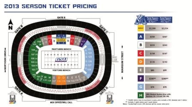 Ticket prices for Georgia State football games at the Georgia Dome.