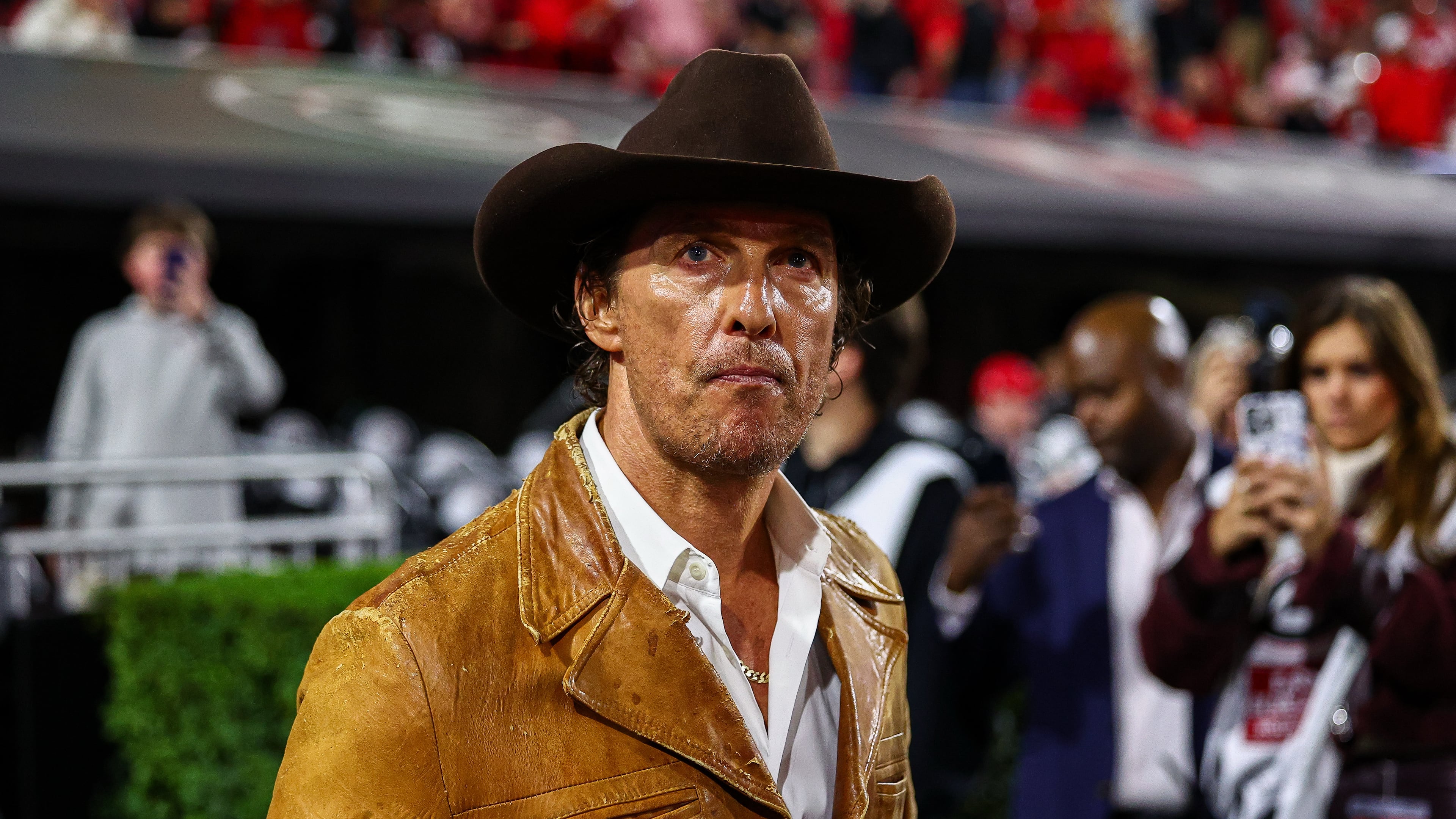 Actor Matthew McConaughey made his first visit to Sanford Stadium last week for the Texas-Georgia game, and he told Theo Von on his podcast that he impressed with the atmosphere. (Colin Hubbard/AP)