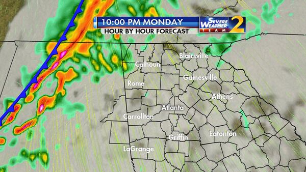 A round of heavy showers is expected by 10 p.m. Monday in far North Georgia, Channel 2 meteorologist Brian Monahan said. (Credit: Channel 2 Action News)